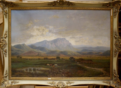 Oil painting Natural landscape F. W. Nickel: rolling hills, mountains, cattle