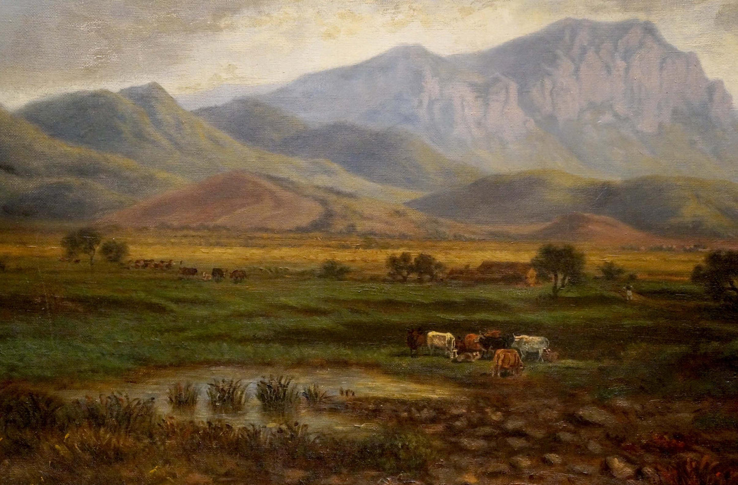 Oil painting by F. W. Nickel: serene green hills, misty mountains, grazing cattle
