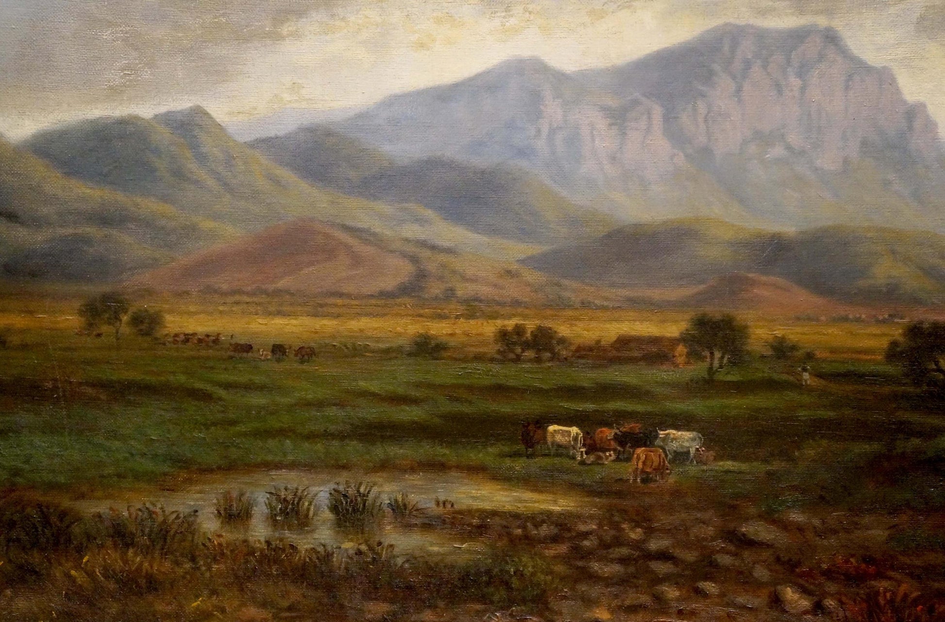 Oil painting by F. W. Nickel: serene green hills, misty mountains, grazing cattle