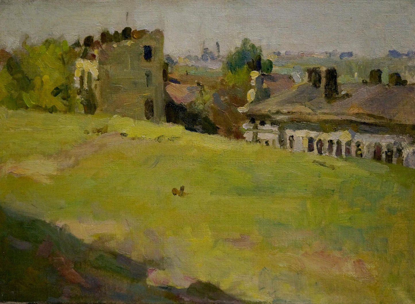 Oil painting View of the village Bozhiy by Mikhail Mikhailovich, sunlit green field