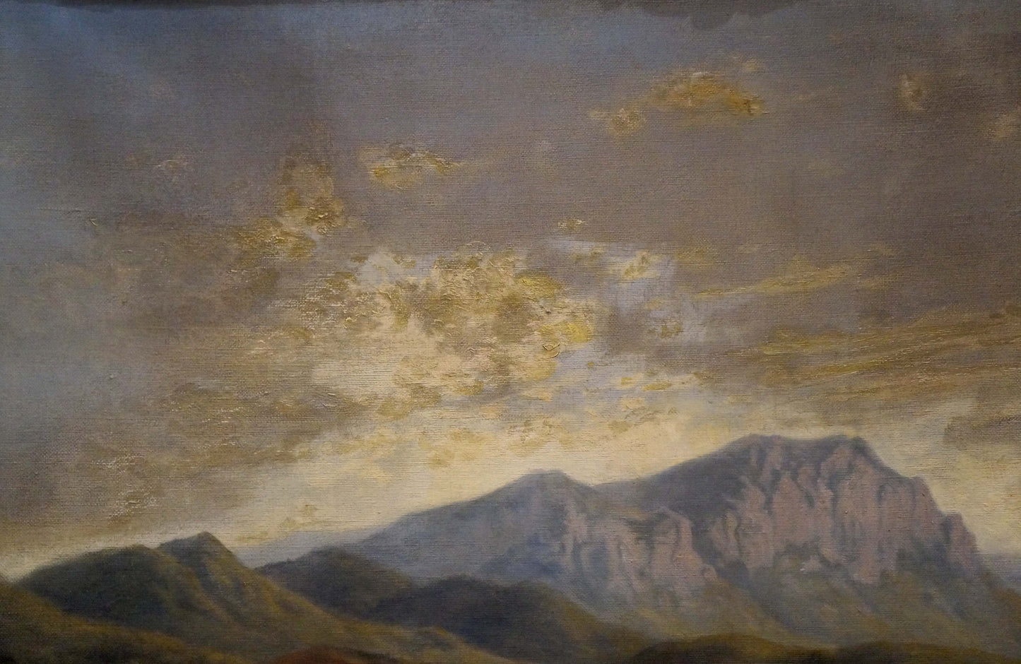 Oil painting by F. W. Nickel: dramatic mountain range under golden sky