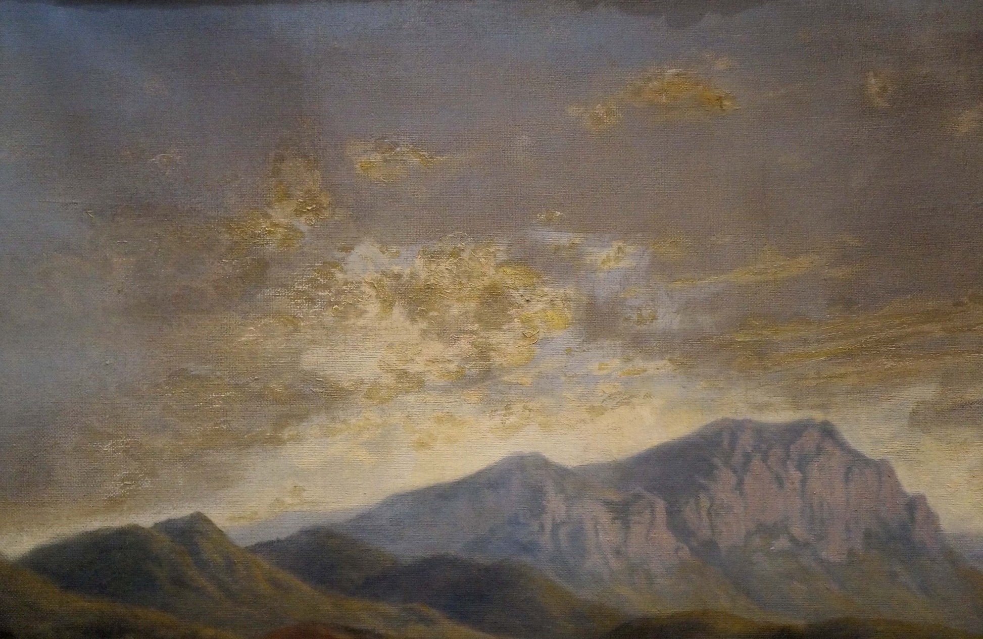 Oil painting by F. W. Nickel: dramatic mountain range under golden sky