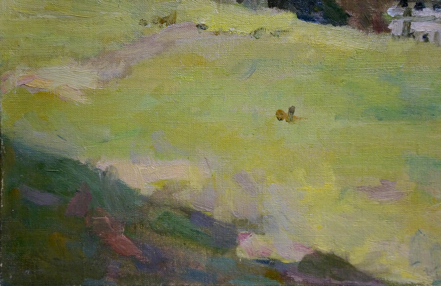 Oil painting of Bozhiy village by Mikhail Mikhailovich with butterfly on textured canvas