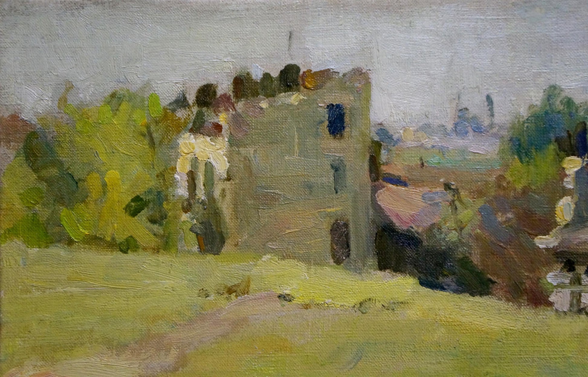 Oil painting View of the village Bozhiy by Mikhail Mikhailovich, gray stone tower