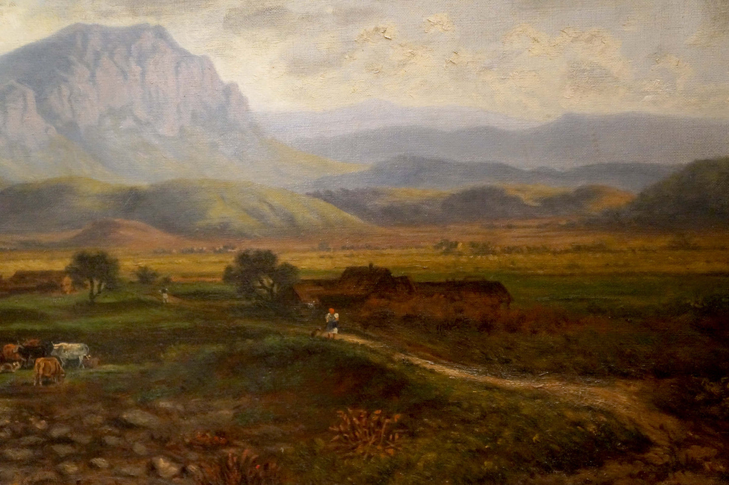 Oil painting by F. W. Nickel: serene rural landscape with hills and farm buildings