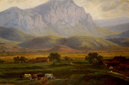 Oil painting Natural landscape F. W. Nickel: pastoral hills, mountains, grazing cattle