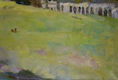 Oil painting View of the village Bozhiy by Mikhail Mikhailovich, vibrant green field