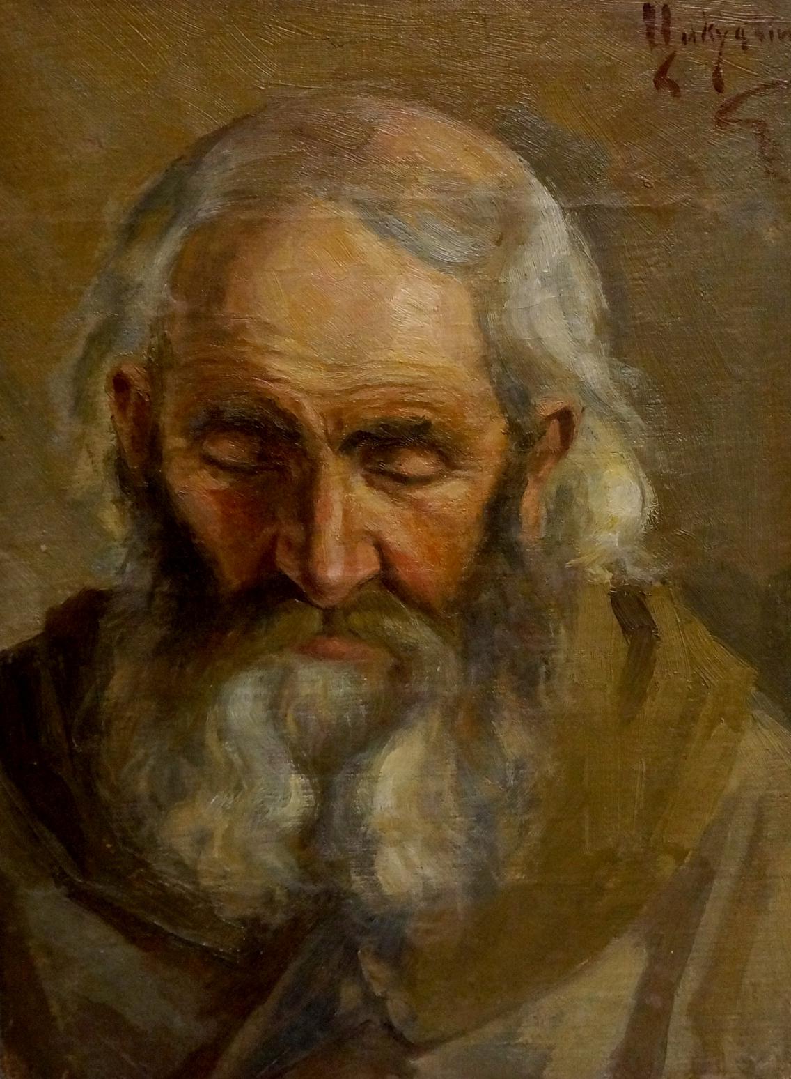 Oil painting portrait of elderly Tsykutsky man with white hair and beard