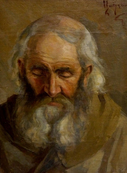 Oil painting portrait of elderly Tsykutsky man with white hair and beard