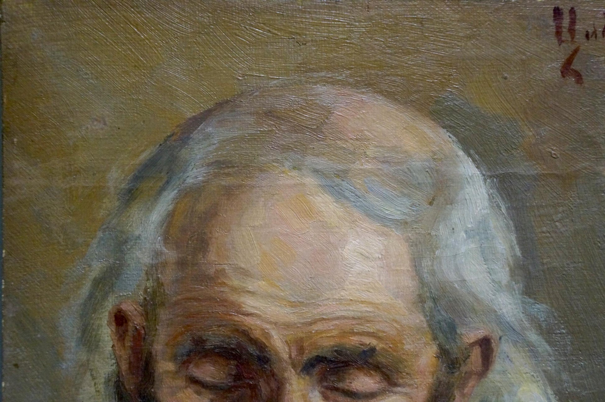 Oil painting portrait of elderly Tsykutsky man with white hair, closed eyes