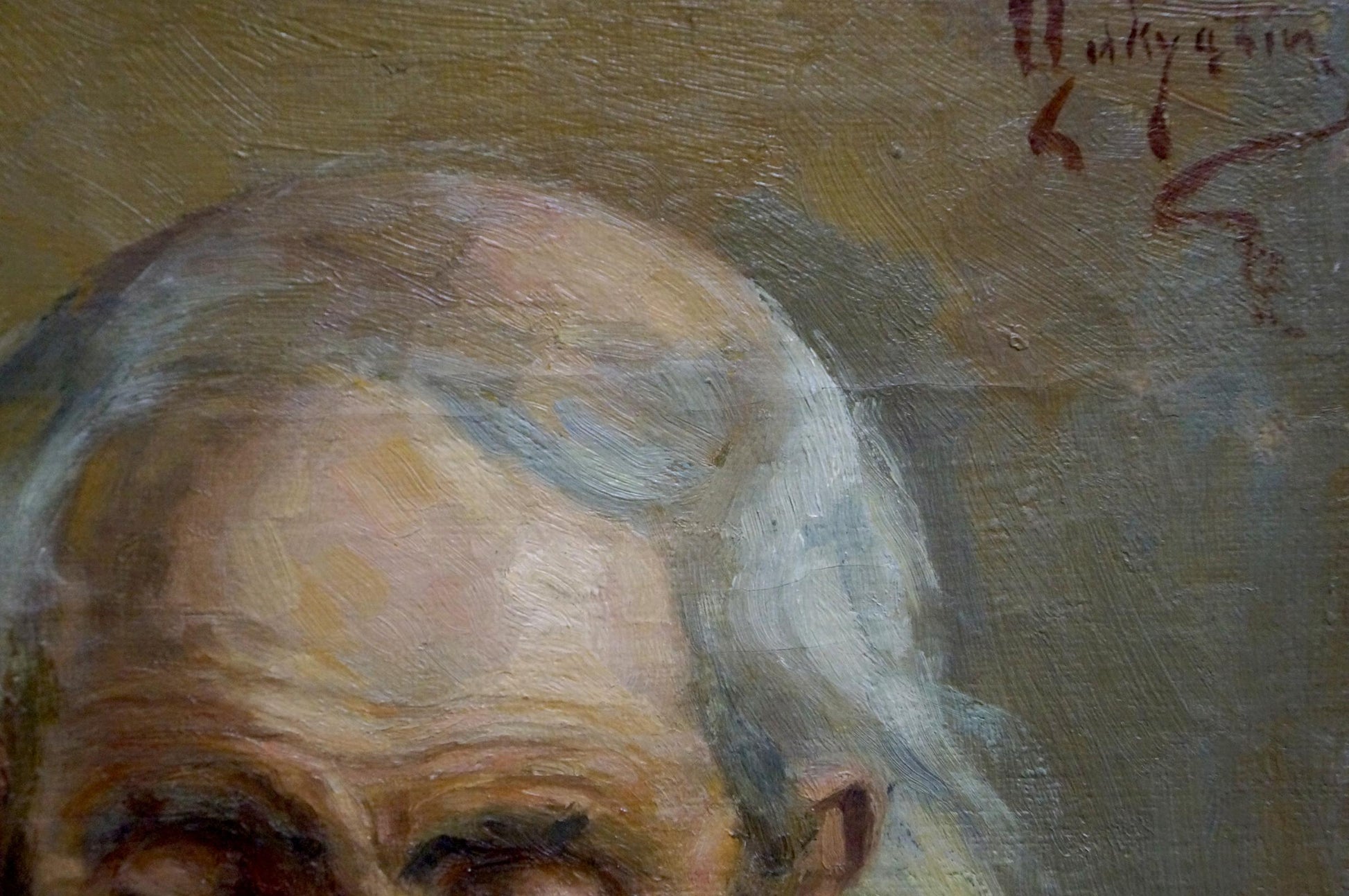 Close-up oil painting portrait of elderly Tsykutsky man with white hair
