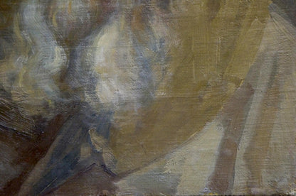 Oil painting portrait of old man Tsykutsky in earthy browns and golds