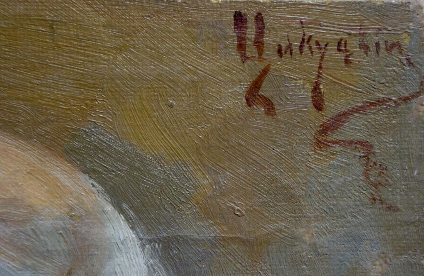 Back of Tsykutsky oil painting portrait of old man with reddish-brown cursive signature on textured yellow-gray canvas