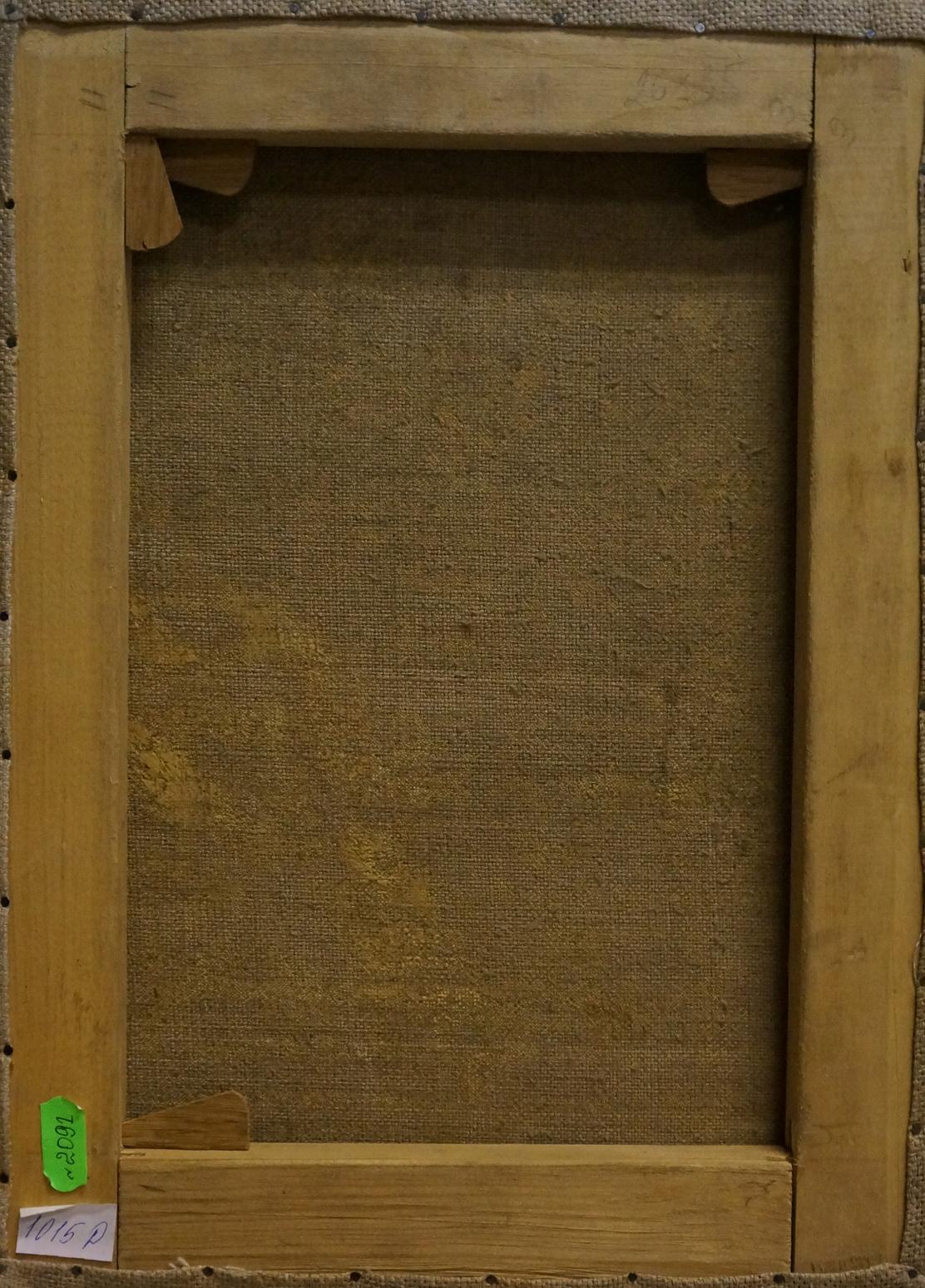 Back of Tsykutsky oil painting portrait of old man, light wood frame, beige canvas