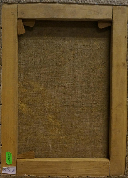 Back of Tsykutsky oil painting portrait of old man, light wood frame, beige canvas