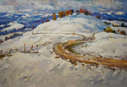 Oil painting Winter path by Minka Alexander Fedorovich: snowy hills, path, autumn trees