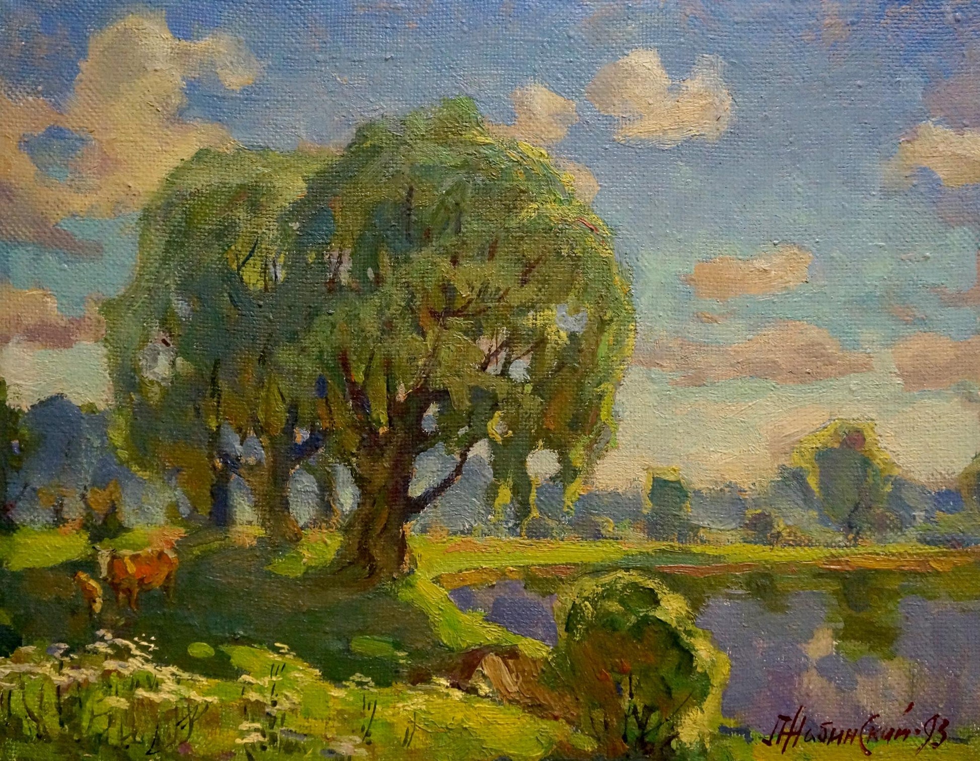Oil painting of lush weeping willow by lake by Zhabinsky Leonid Andreevich