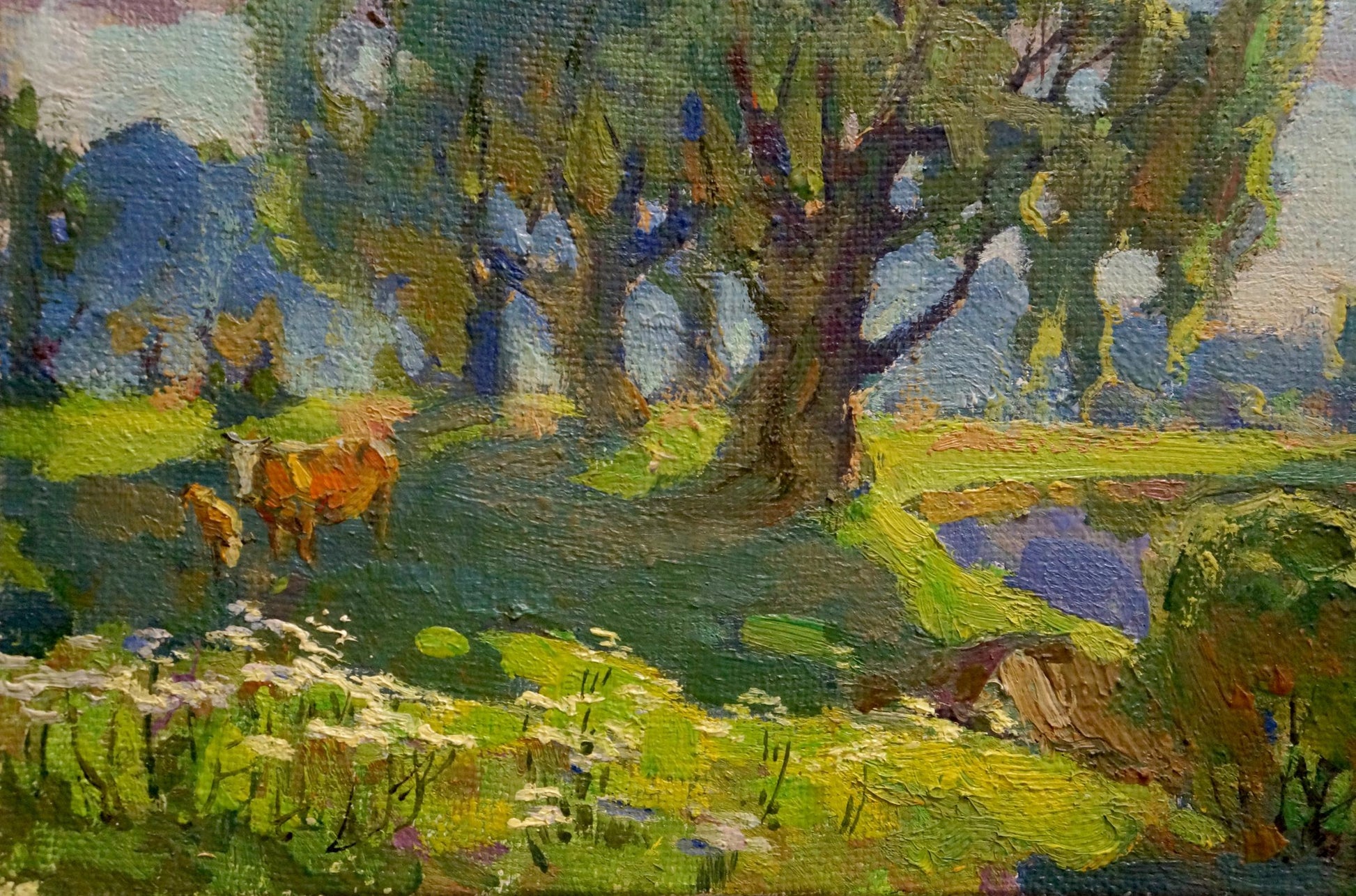 Oil painting by Zhabinsky Leonid Andreevich: lush field, cows, trees