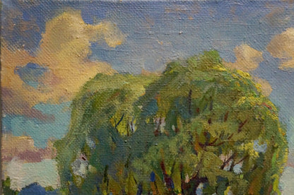 Oil painting by Zhabinsky Leonid Andreevich: lush green trees, lake, blue sky, golden clouds