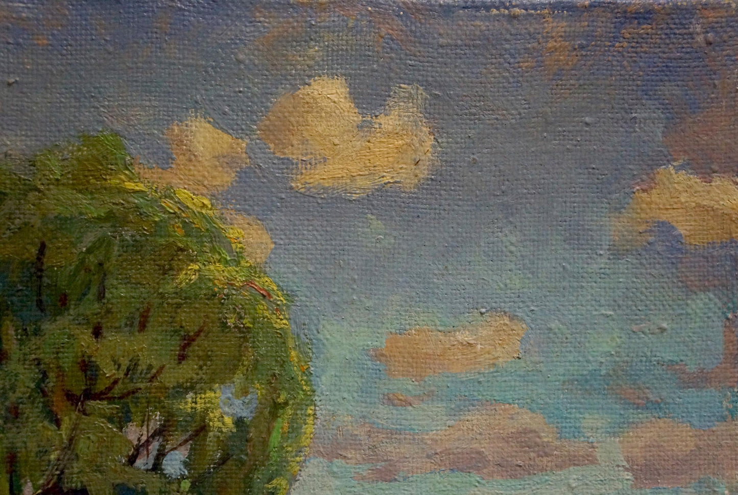 Oil painting by Zhabinsky Leonid Andreevich: lush green tree, lake, clouds
