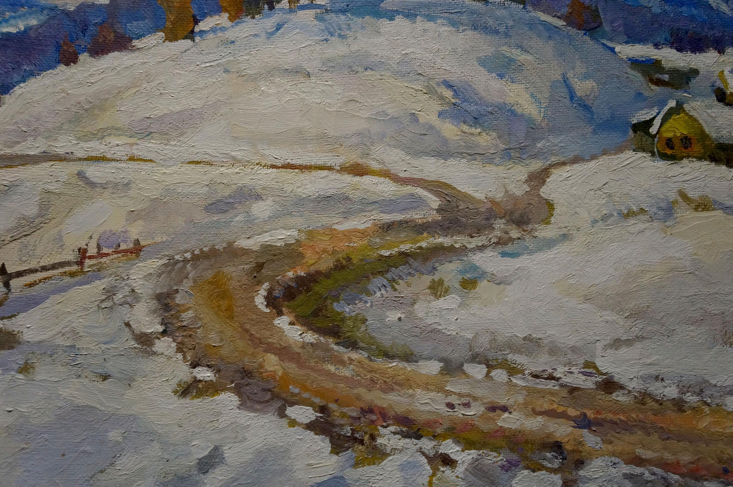 Oil painting of vibrant yellow house with dark shutters in snowy landscape by Minka Alexander Fedorovich