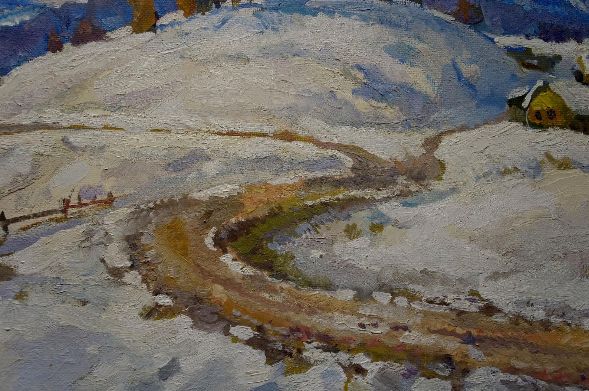 Oil painting of vibrant yellow house with dark shutters in snowy landscape by Minka Alexander Fedorovich