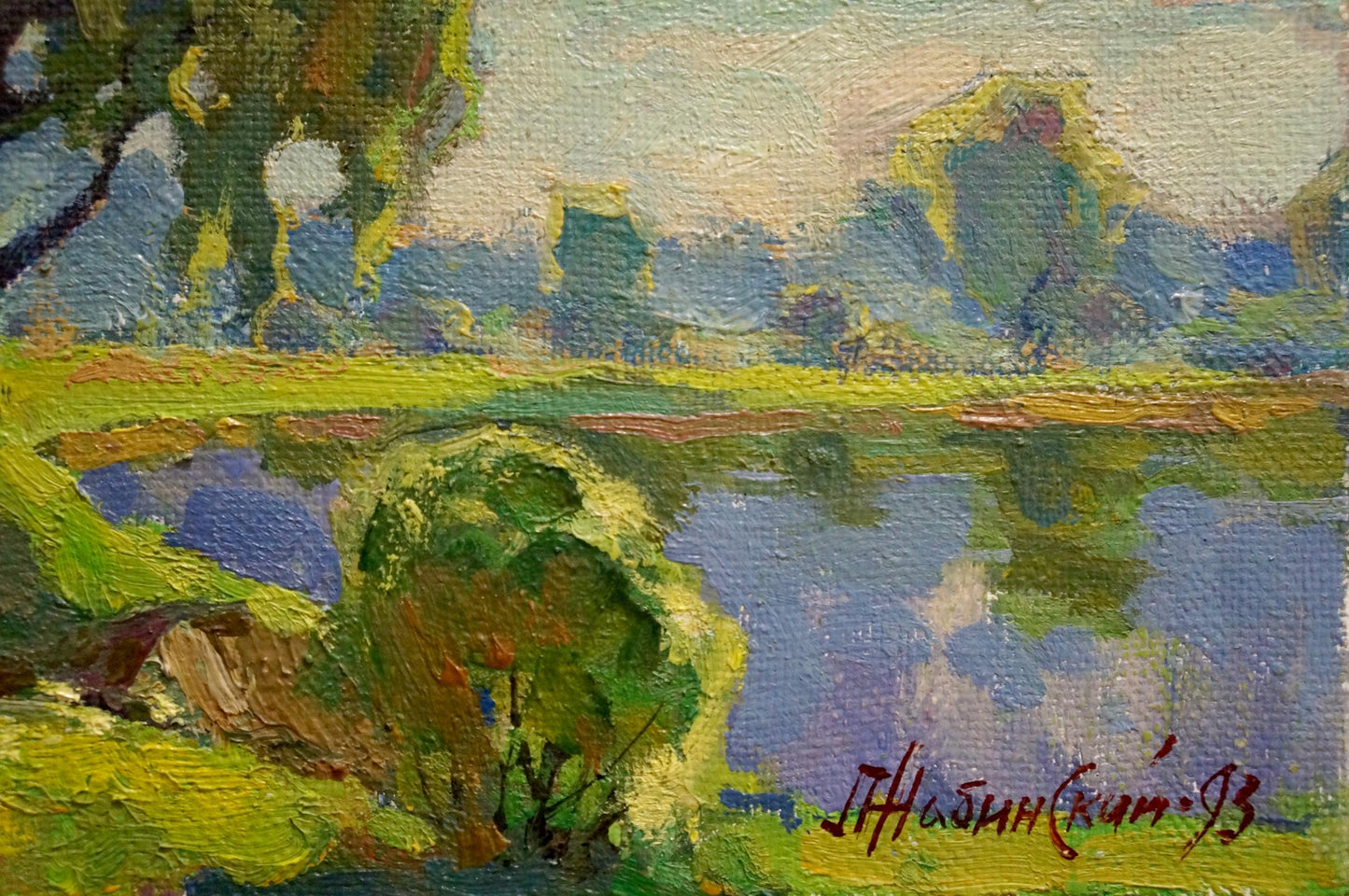Vibrant impressionist oil painting of serene lakeside by Zhabinsky Leonid Andreevich