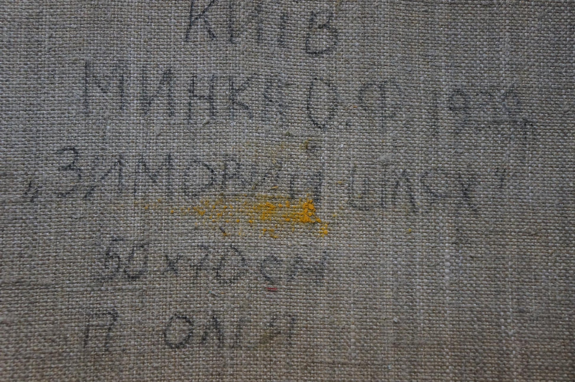 Back of Oil painting Winter path Minka Alexander Fedorovich gray textured fabric faded text yellow stain