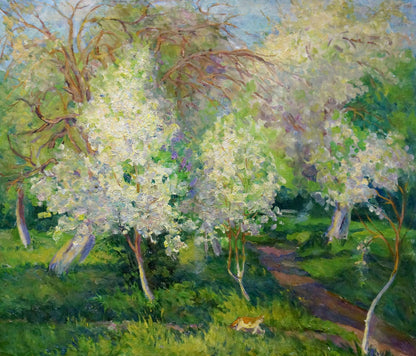 Vibrant impressionistic oil painting of blossoming trees by Galkun Tatiana Dmitrievna
