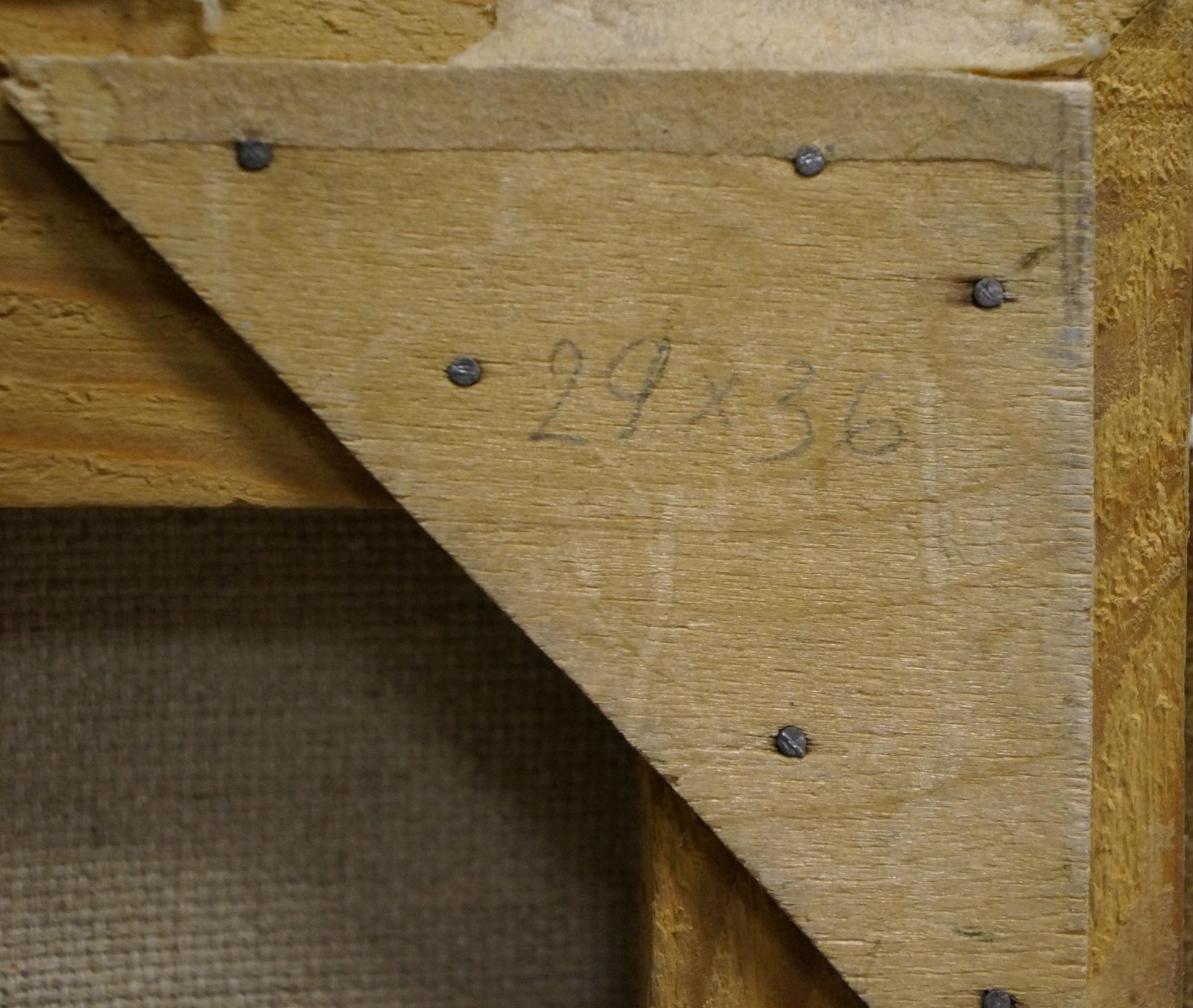 Back of Zhabinsky Oil painting frame: light brown stretcher bar with grain, 5 dark screws