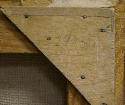 Back of Zhabinsky Oil painting frame: light brown stretcher bar with grain, 5 dark screws