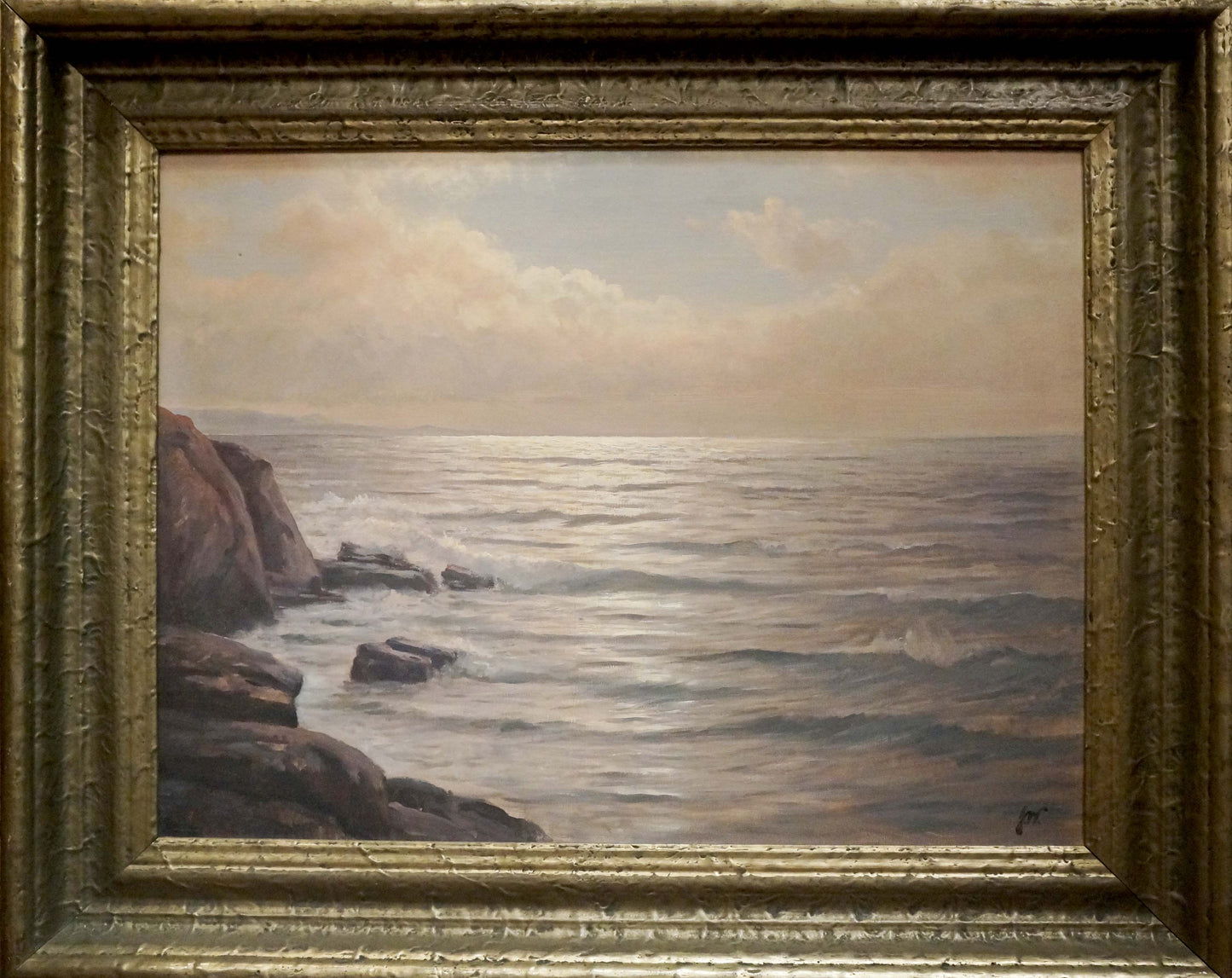 Oil painting Calm quiet waves: serene coastal scene with blue-gray waves on rocks
