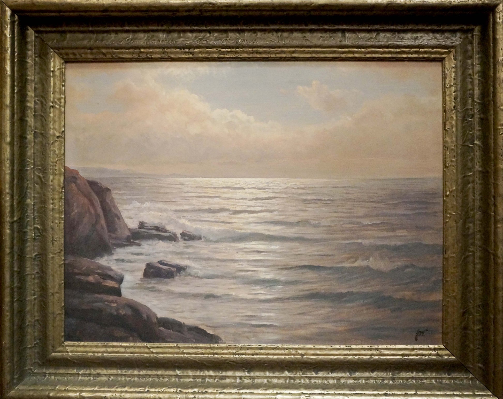 Oil painting Calm quiet waves: serene coastal scene with blue-gray waves on rocks