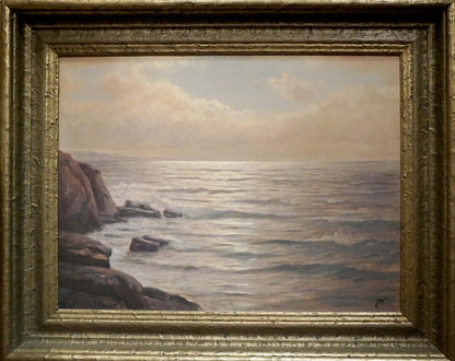 Oil painting Calm quiet waves: serene coastal scene with blue-gray waves on rocks