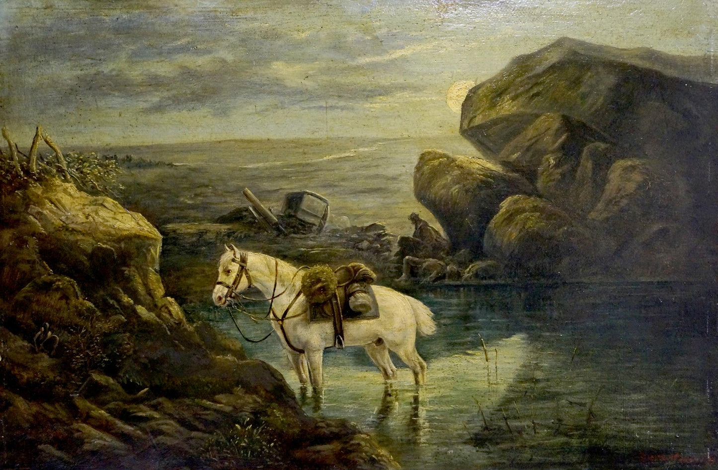 Oil painting of white horse with dark harness in shallow water on field
