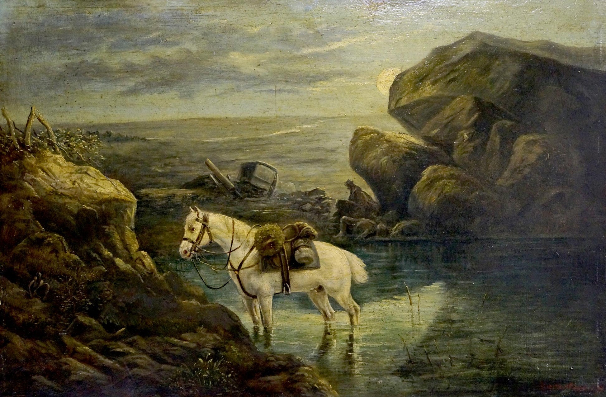 Oil painting of white horse with dark harness in shallow water on field