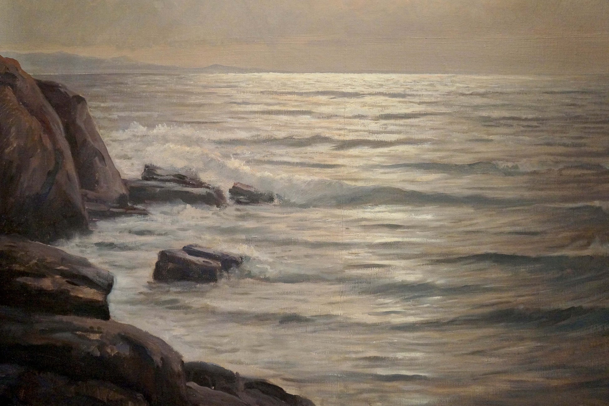 Oil painting Calm quiet waves: serene coastal seascape with textured rocks in calm waters