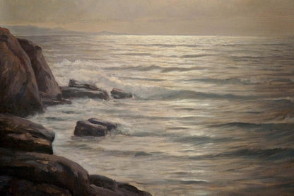 Oil painting Calm quiet waves: serene coastal seascape with textured rocks in calm waters