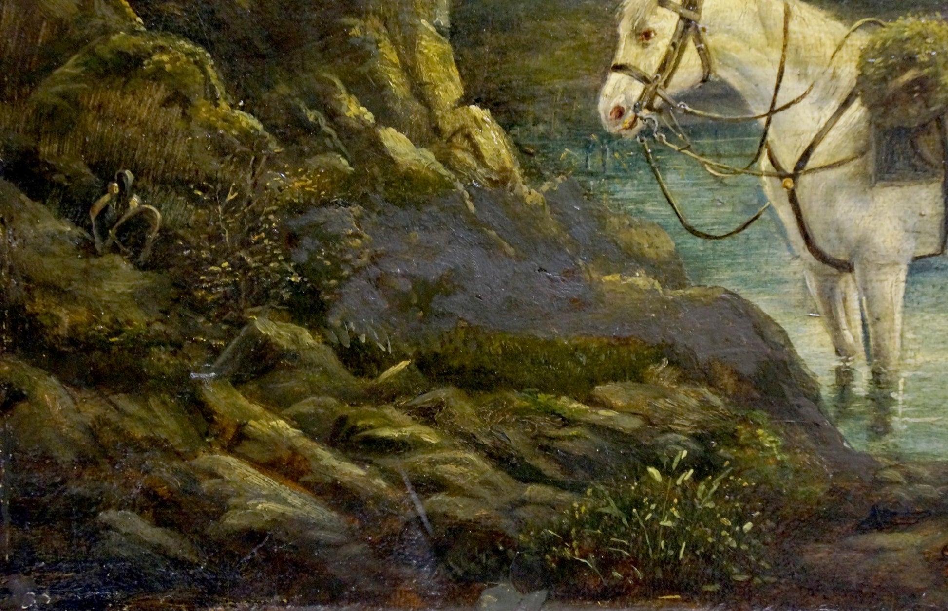Oil painting of white horse with dark bridle in shallow water by mossy rocks