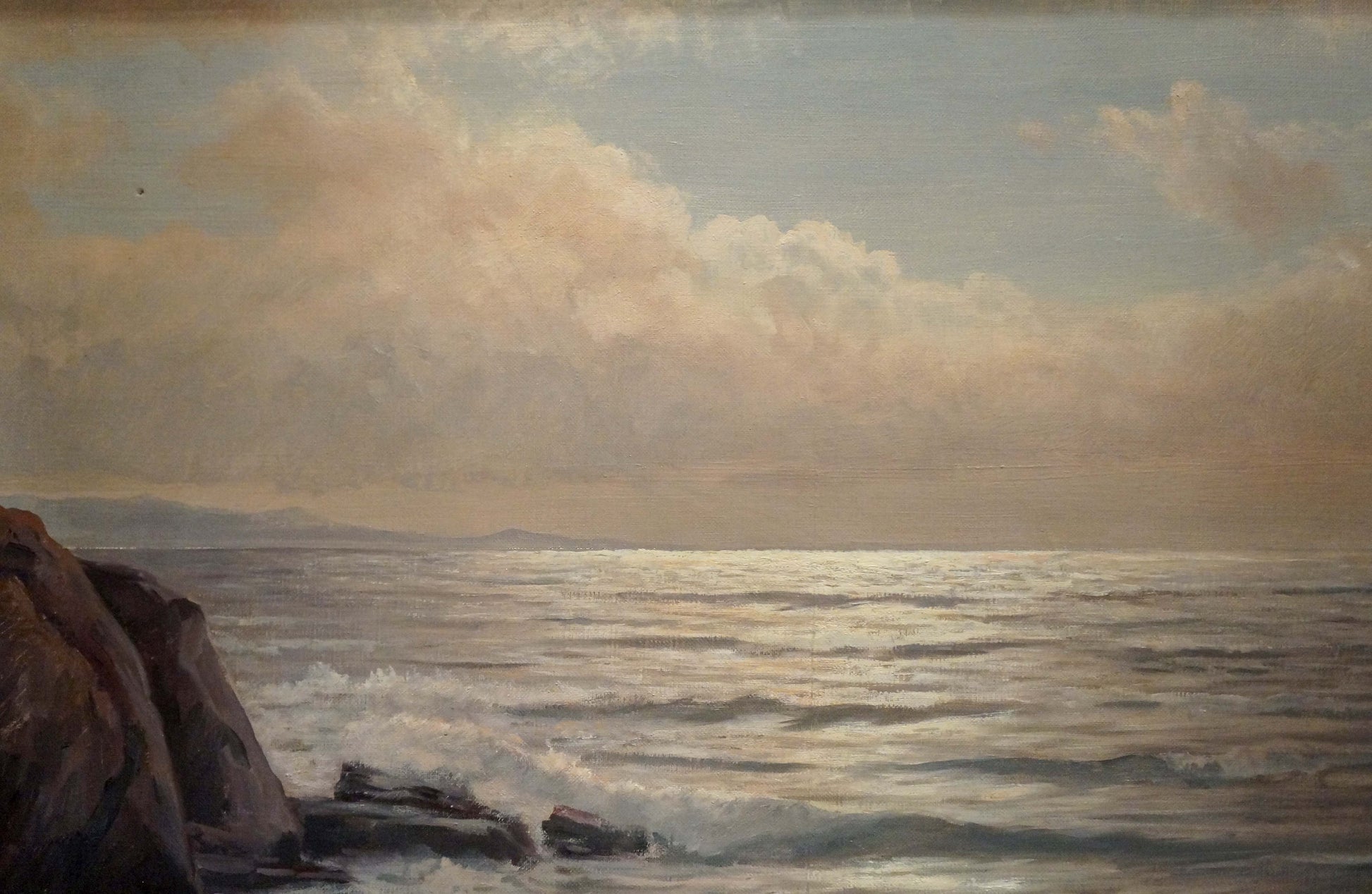 Oil painting Calm quiet waves: serene coastal landscape with gentle waves on rocky shores