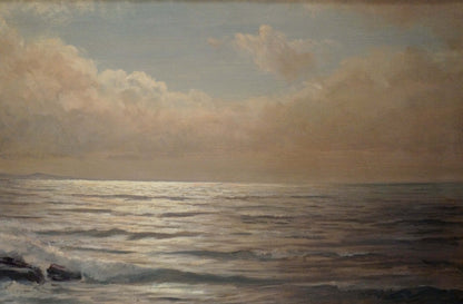 Serene oil painting of calm quiet waves in tranquil ocean under cloudy sky