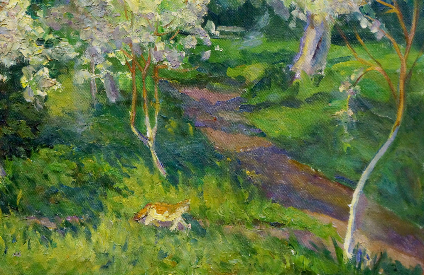 Oil painting by Galkun Tatiana Dmitrievna: tan fox in blossoming garden path