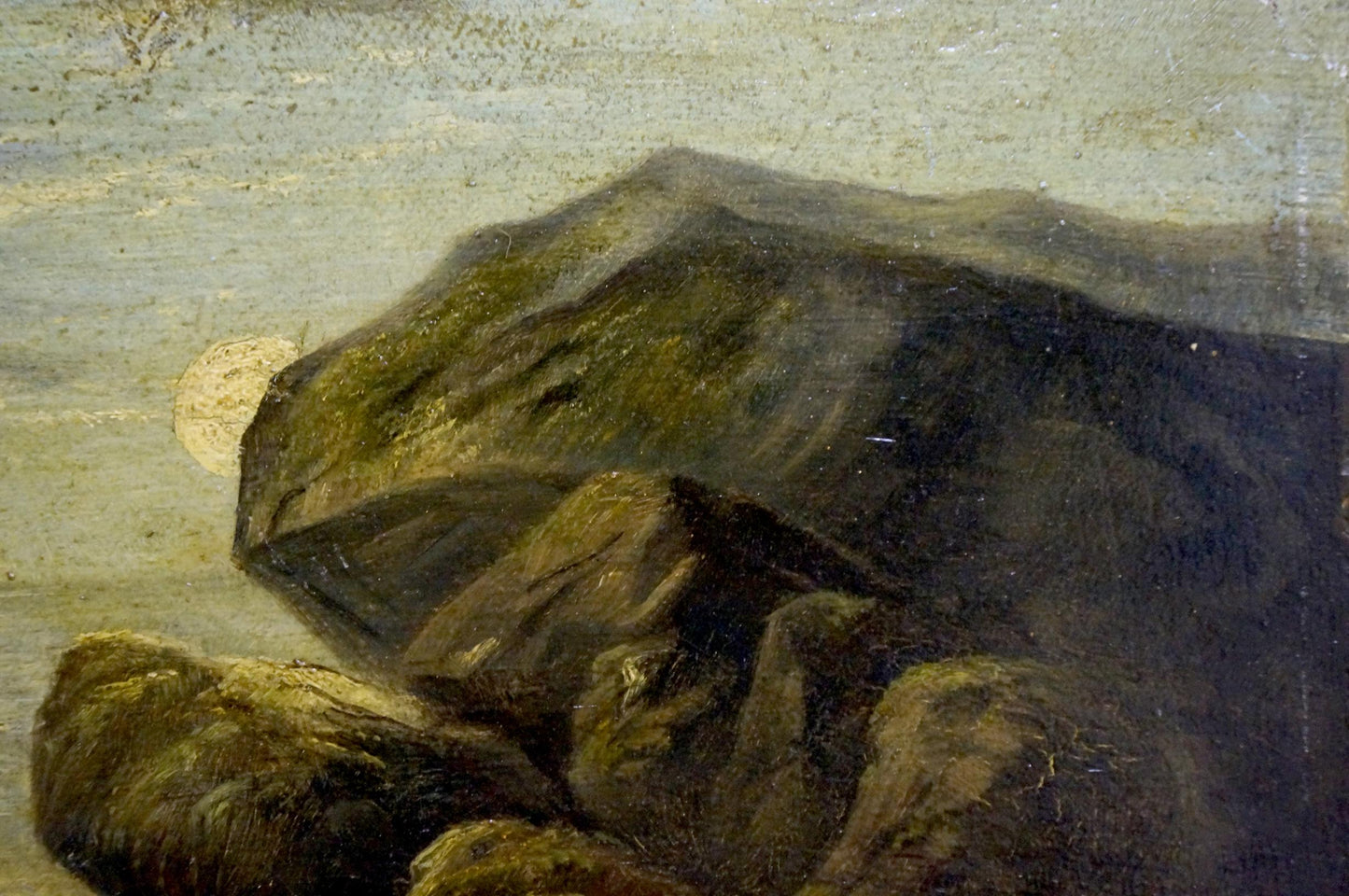 Oil painting of horse on field with textured dark green brown mossy rock formation