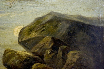 Oil painting of horse on field with textured dark green brown mossy rock formation