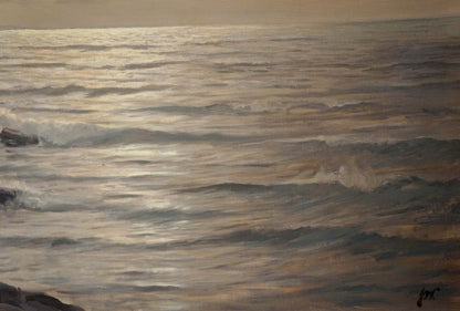 Oil painting Calm quiet waves: serene ocean in gray beige tones