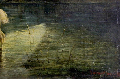 Dark textured oil painting of horse on field with murky water reeds reflections
