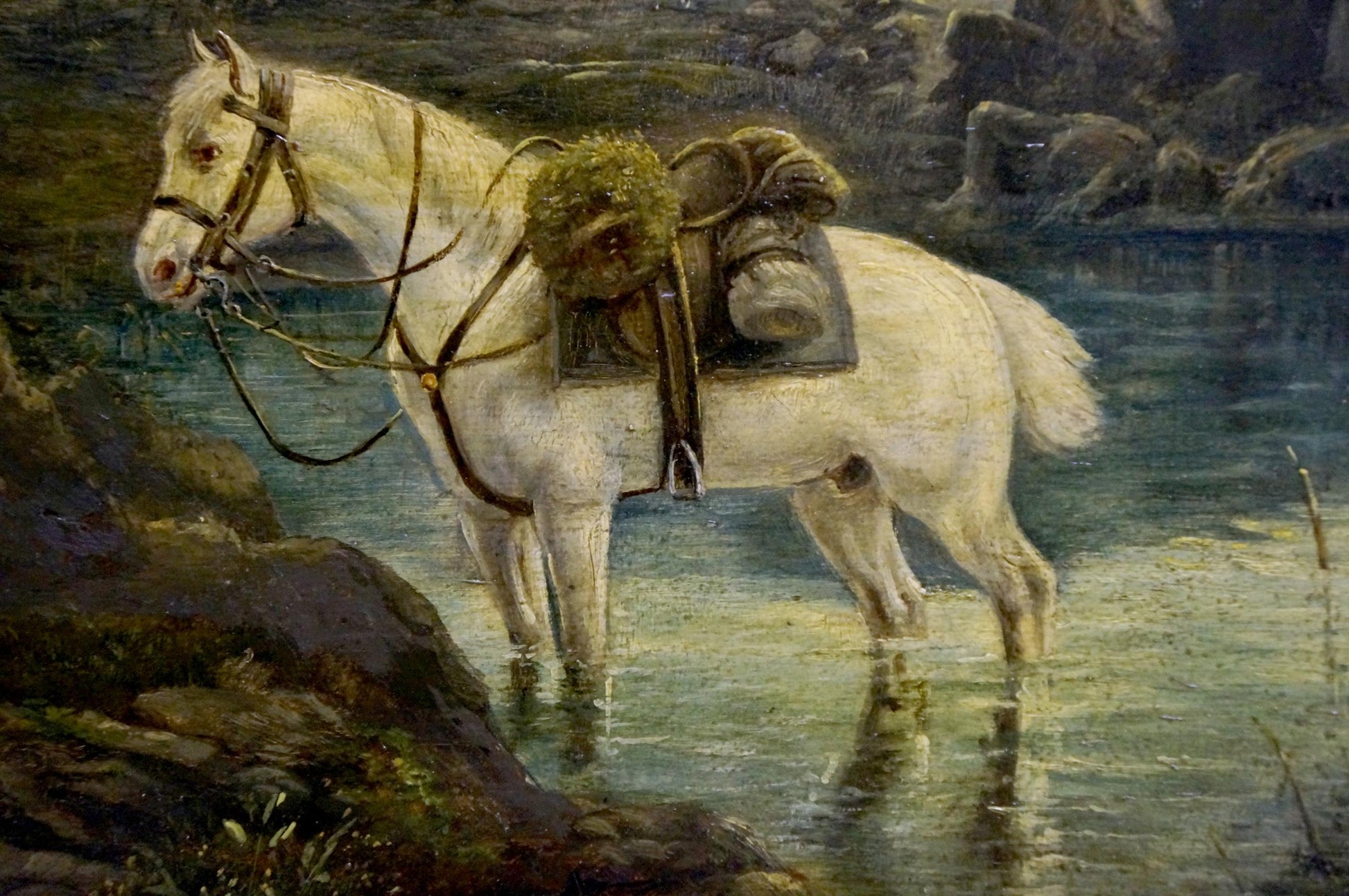 Oil painting of white horse with dark bridle and saddle in shallow water near rocks