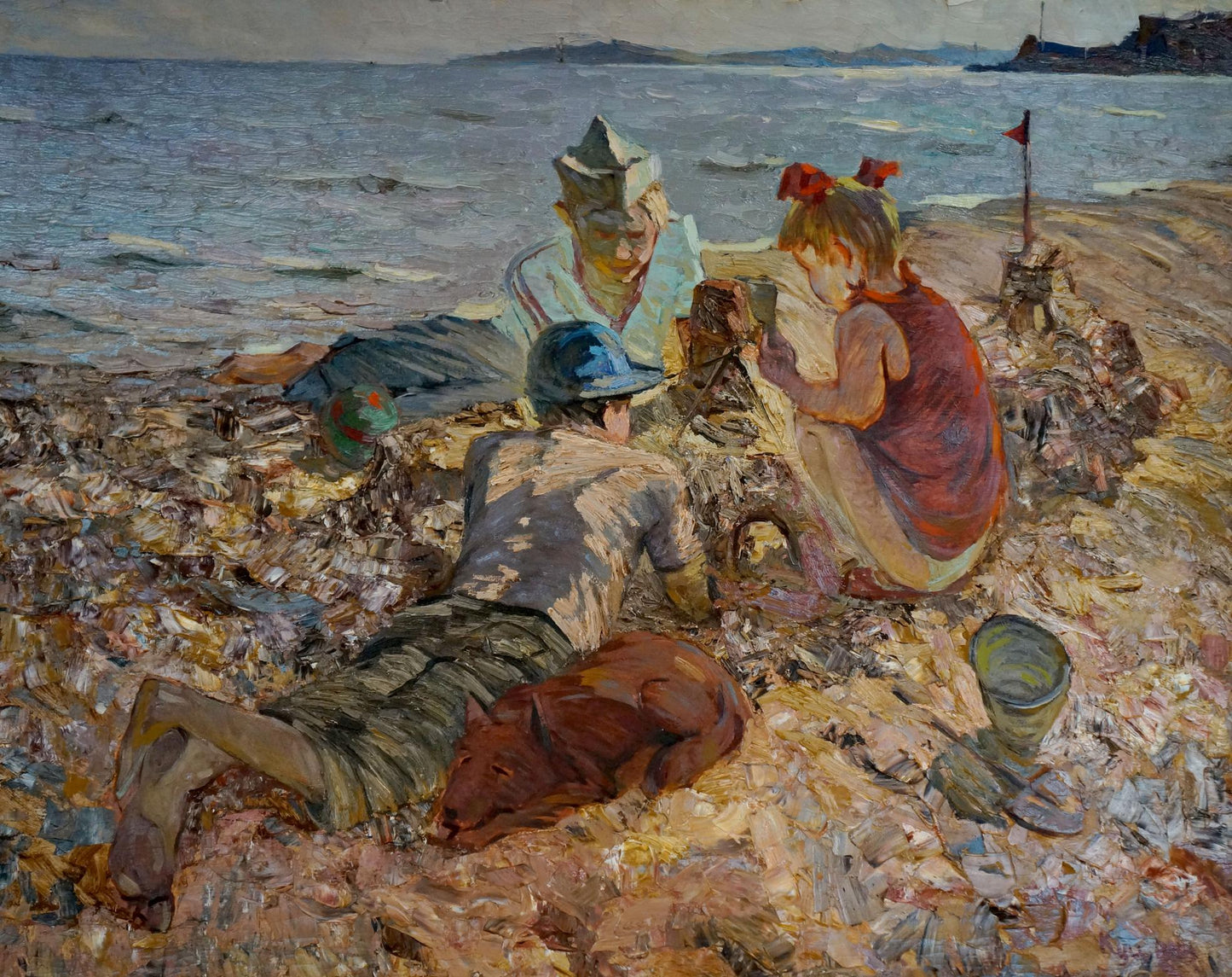 Oil painting On the Shore by Kuts Vladimir Vladislavovich: kids and dog on beach