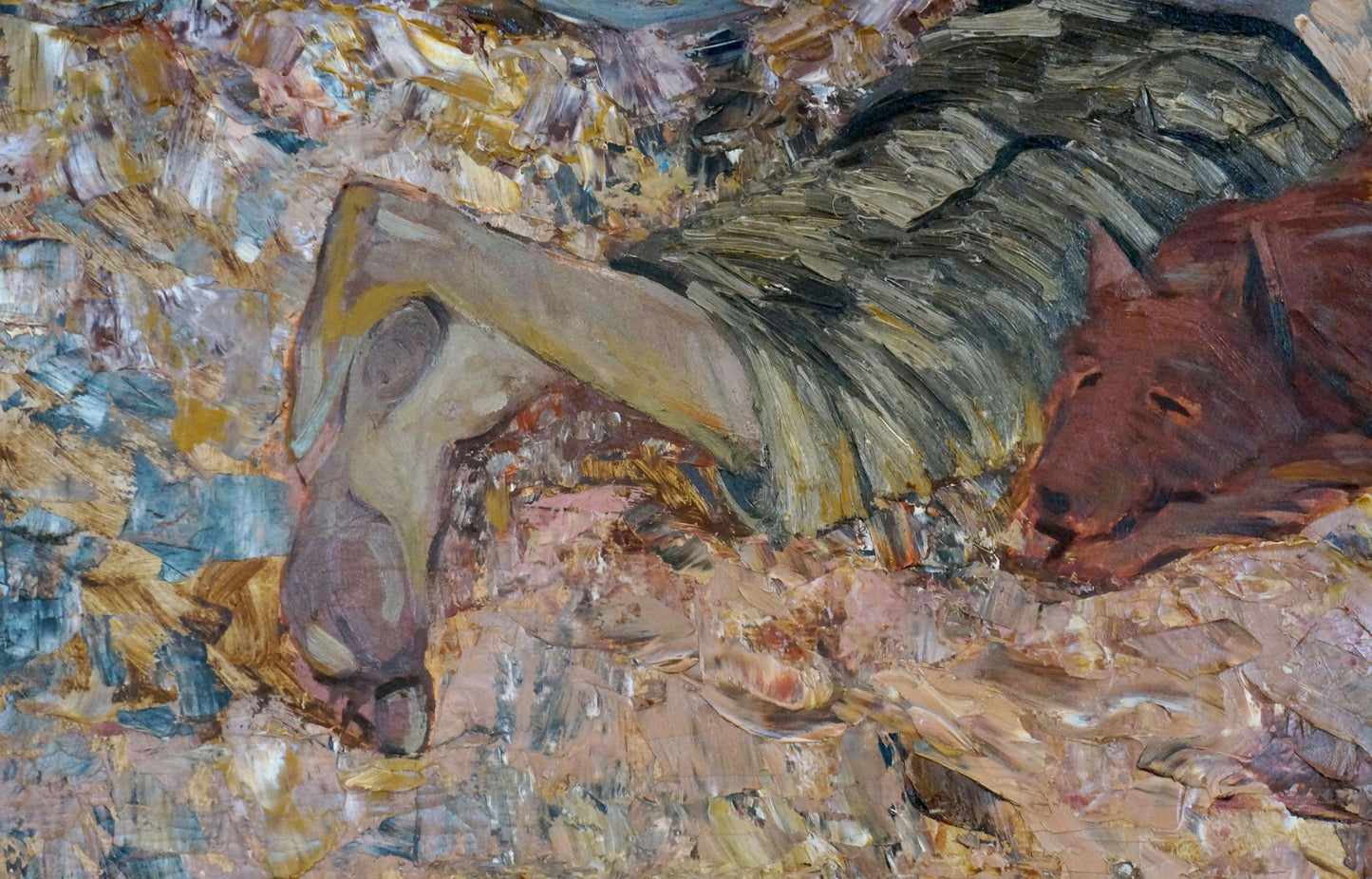 Oil painting On the Shore by Kuts Vladimir Vladislavovich: resting dog on greenish-gray blanket
