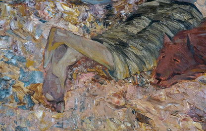 Oil painting On the Shore by Kuts Vladimir Vladislavovich: resting dog on greenish-gray blanket
